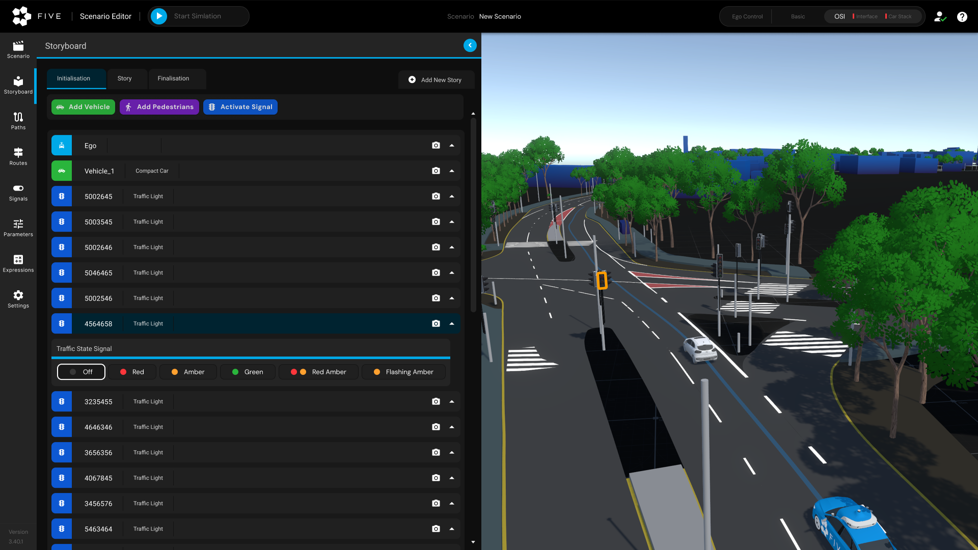 Individual traffic light editor — state picker showing Off, Red, Amber, Green, Red Amber, Flashing Amber